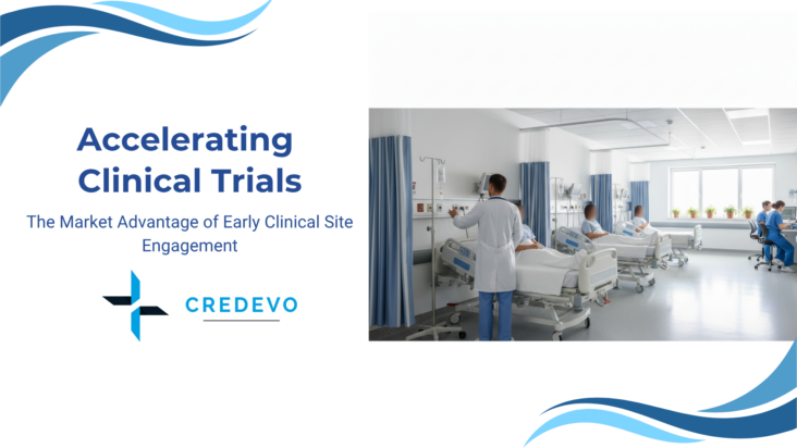 Illustration of a clinical trial process with early engagement of investigators and sites to accelerate drug development and gain market advantage.